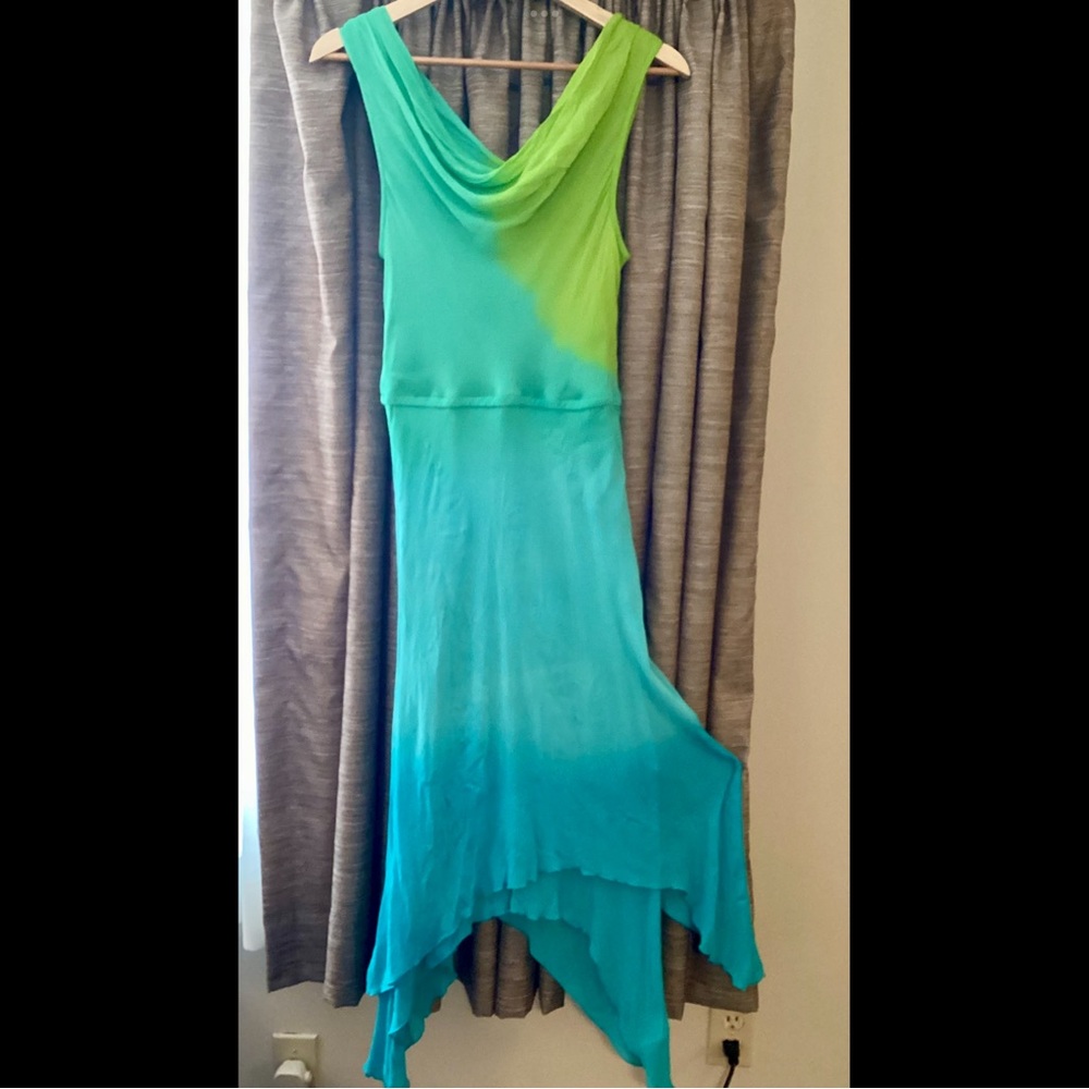 M Phool Mermaid Blue Green Bias Cut Garment Dyed FishTail Hem Lined Column dress